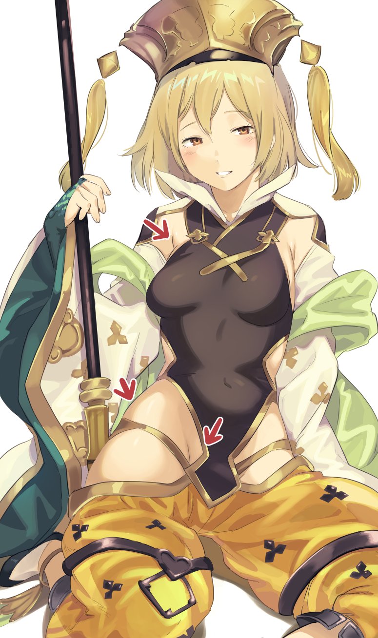 1girl, apsaras_(granblue_fantasy), arrow, blonde_hair, breasts, detached_sleeves, djeeta_(granblue_fantasy), granblue_fantasy