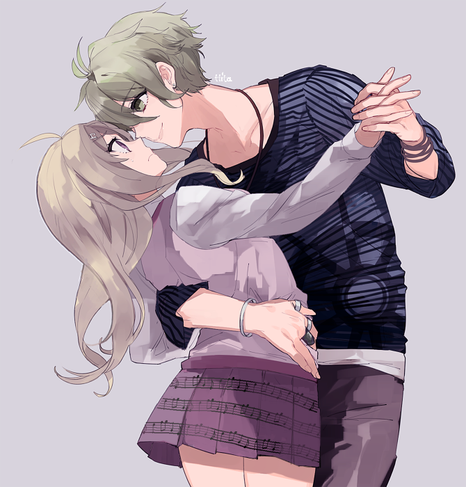 1boy, 1girl, ahoge, akamatsu_kaede, amami_rantarou, arm_around_waist, beamed_semiquavers, blonde_hair