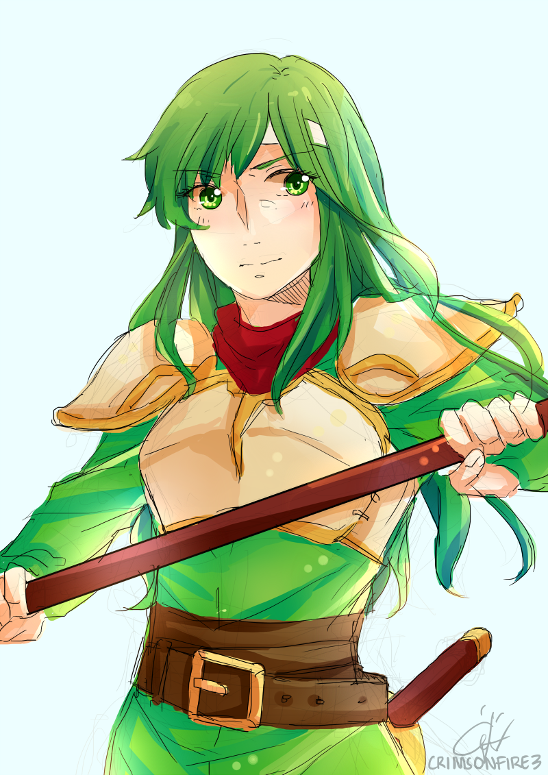 1girl, armor, artist_name, bangs, belt, belt_buckle, blue_background, blush, breastplate, buckle, commentary, cowboy_shot, crimsonfire3, eyebrows, eyebrows_visible_through_hair, eyelashes, fire_emblem, fire_emblem:_ankoku_ryuu_to_hikari_no_tsurugi, fire_emblem:_mystery_of_the_emblem, fire_emblem:_shin_ankoku_ryuu_to_hikari_no_tsurugi, fire_emblem:_shin_monshou_no_nazo, green_eyes, green_hair, headband, holding, holding_weapon, long_hair, paola, polearm, sheath, sheathed, signature, simple_background, sketch, solo, spaulders, sword, weapon