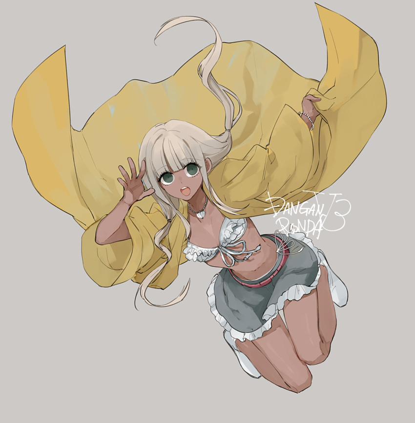 1girl, bangs, bikini, bikini_top, blue_skirt, blunt_bangs, bracelet, dangan_ronpa