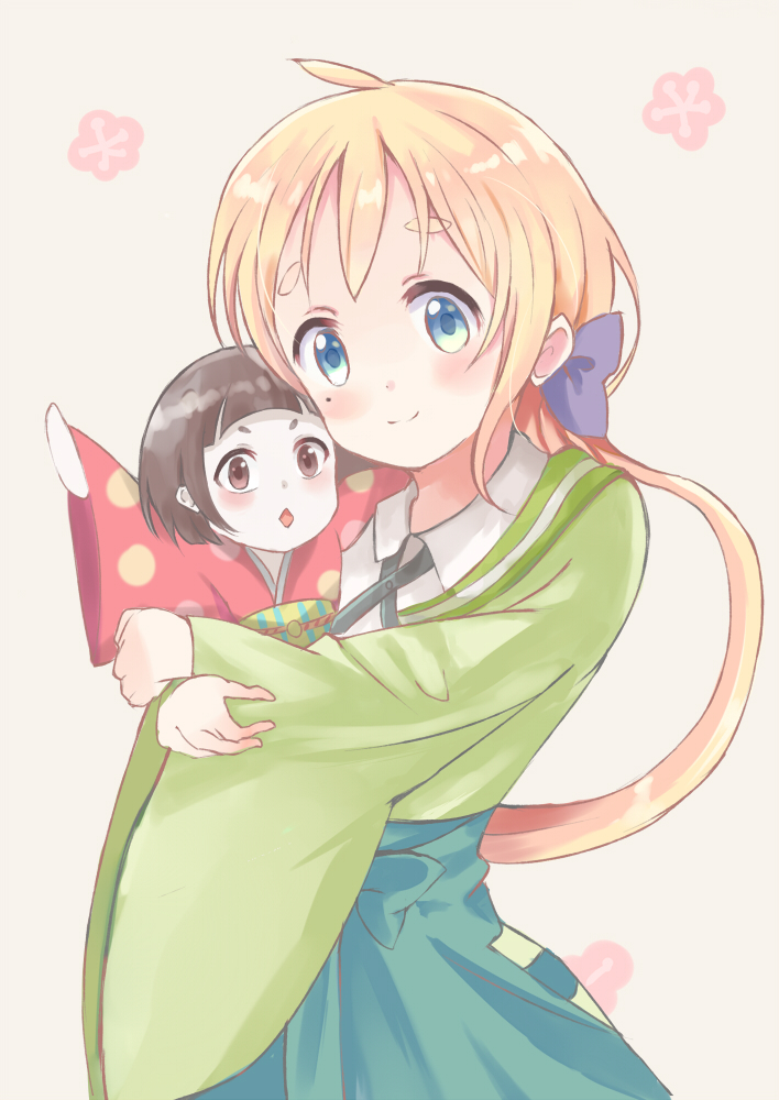 1girl, blonde_hair, blush, doll, green_eyes, hakama, japanese_clothes, kimono