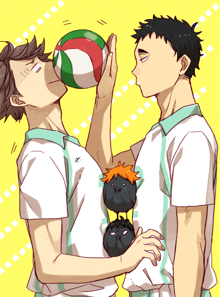 2boys, bird, black_hair, brown_hair, crow, haikyuu!!, hinata_shouyou, iwaizumi_hajime, kageyama_tobio, looking_at_another, male_focus, multiple_boys, oikawa_tooru_(haikyuu!!), short_hair, volleyball, yoshi_susuki
