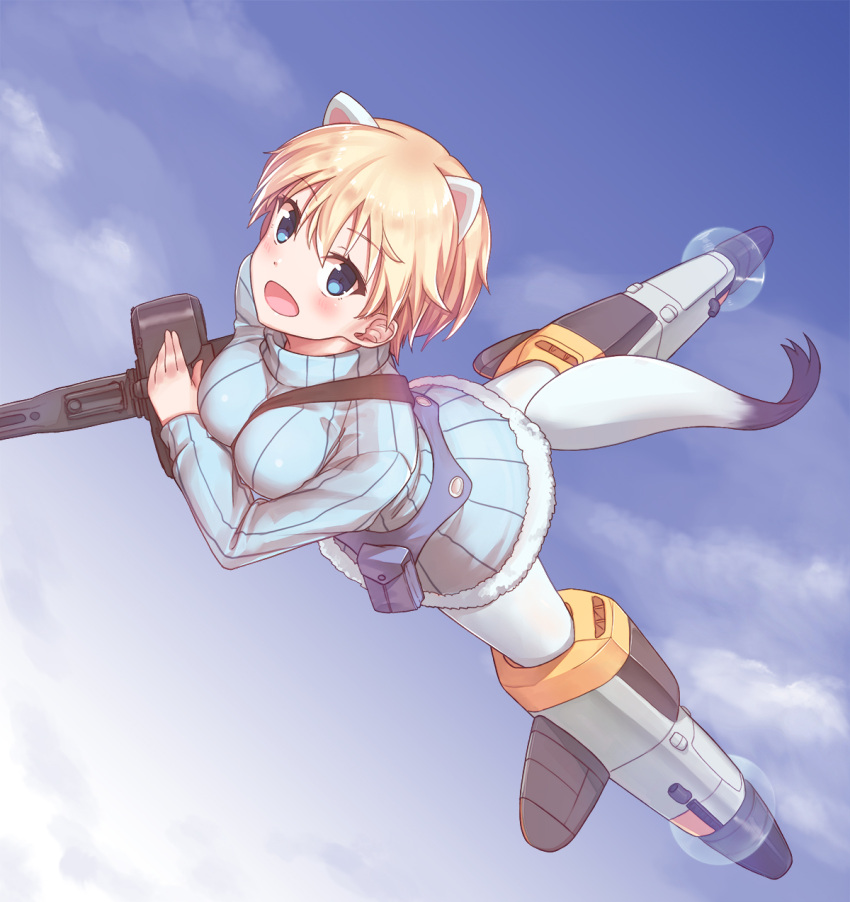 1girl, animal_ears, belt, blonde_hair, blue_eyes, blue_sky, blush, brave_witches, clouds, ermine_ears, ermine_tail, eyebrows_visible_through_hair, flying, fur_trim, gun, highres, konnyaku_(kk-monmon), looking_at_viewer, machine_gun, nikka_edvardine_katajainen, open_mouth, pantyhose, pouch, ribbed_sweater, short_hair, sky, solo, strap_cleavage, striker_unit, sweater, tail, turtleneck, turtleneck_sweater, weapon, white_legwear, world_witches_series