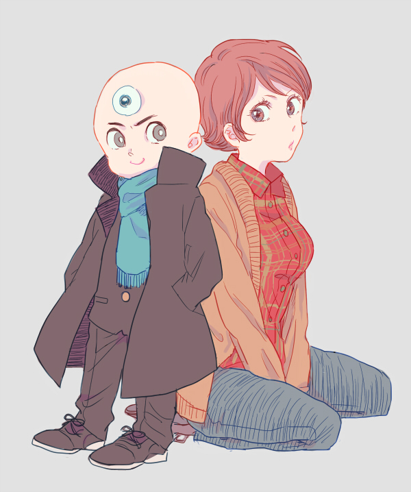 1boy, 1girl, bald, between_legs, black_eyes, breasts, brown_eyes, brown_hair