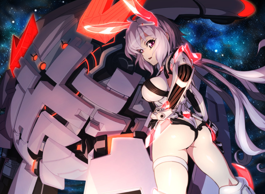 1girl, ahoge, angela_balzac, angela_balzac_(cosplay), animal_ears, arhan_(rakuen_tsuihou), ass, bare_shoulders