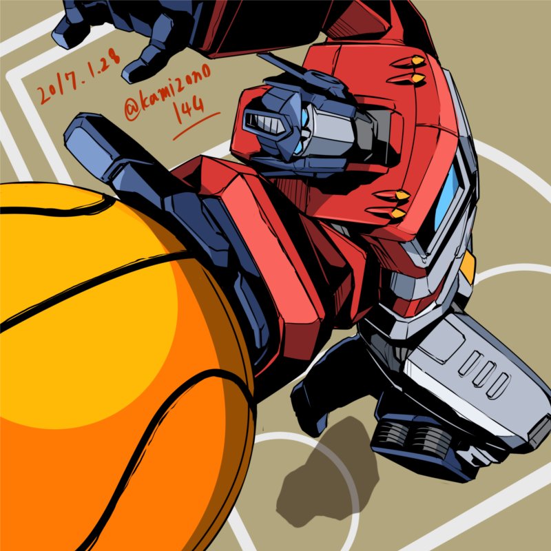 1boy, 80s, autobot, ball, basketball, day, holding, holding_ball, kamizono_(spookyhouse), machine, machinery, mecha, no_humans, oldschool, optimus_prime, robot, solo, transformers, twitter_username