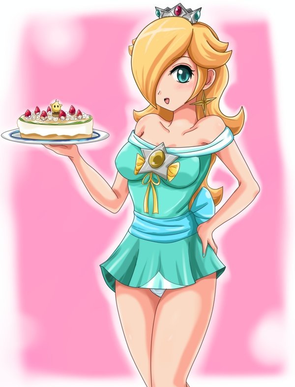 bare_shoulders, blonde_hair, blue_eyes, breasts, cake, cleavage, crown, dress