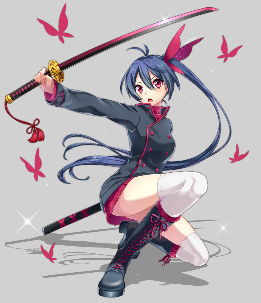 1girl, absurdres, blue_hair, boots, butterfly, combat_boots, double_breasted, floating_hair, grey_background, grey_legwear, hair_between_eyes, highres, holding, holding_sword, holding_weapon, katana, long_hair, looking_up, open_mouth, original, pleated_skirt, ponytail, red_eyes, red_skirt, ribbed_sweater, sakura_chiyo_(konachi000), shadow, sheath, simple_background, skirt, solo, sparkle, sweater, sword, tassel, teeth, thigh-highs, thighs, turtleneck, turtleneck_sweater, unsheathed, very_long_hair, weapon