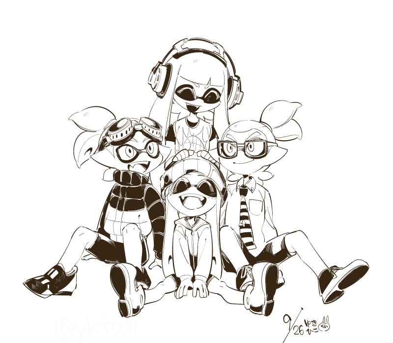 2boys, 2girls, ^_^, bike_shorts, bobble-chan_(splatoon), bobblehat, closed_eyes, dated