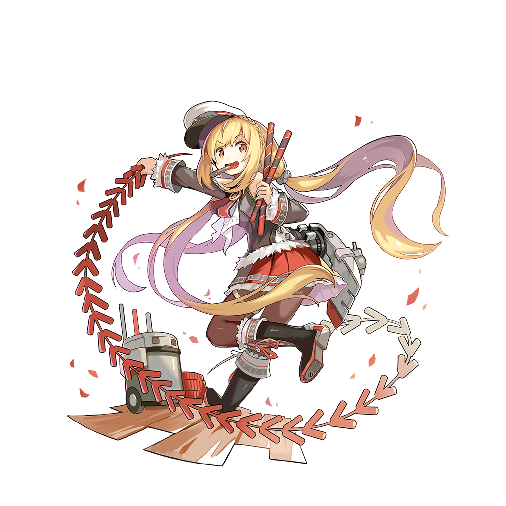 >:d, 1girl, :d, admiral_scheer_(zhan_jian_shao_nyu), alternate_costume, baton, black_boots, blonde_hair