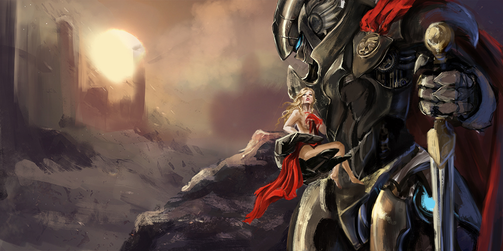 1girl, blonde_hair, cape, clouds, cloudy_sky, dress, mecha, original