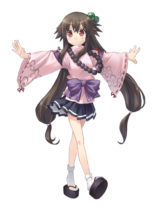 beads, blush, brown_hair, clog_sandals, hair_bobbles, hair_ornament, jewelry, long_hair, napa, necklace, original, outstretched_arms, red_eyes, saeki_nao, skirt, solo, spread_arms, tabi, twintails