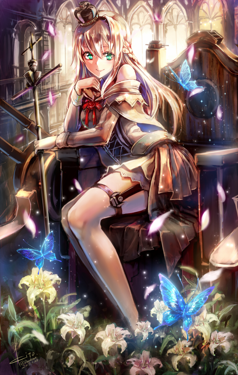 1girl, architecture, artist_name, bare_shoulders, blonde_hair, blue_eyes, braid, breasts