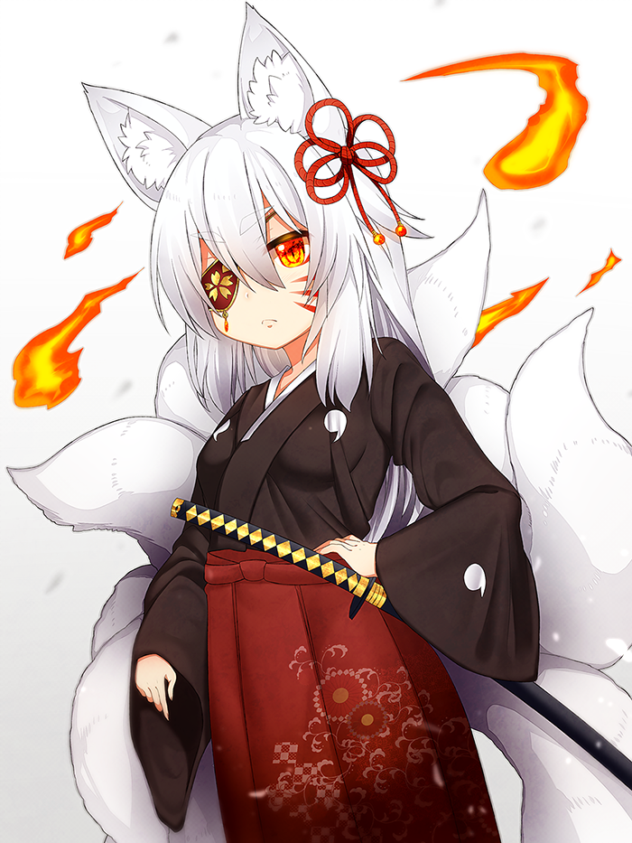 1girl, animal_ears, bangs, black_kimono, breasts, closed_mouth, dutch_angle, expressionless