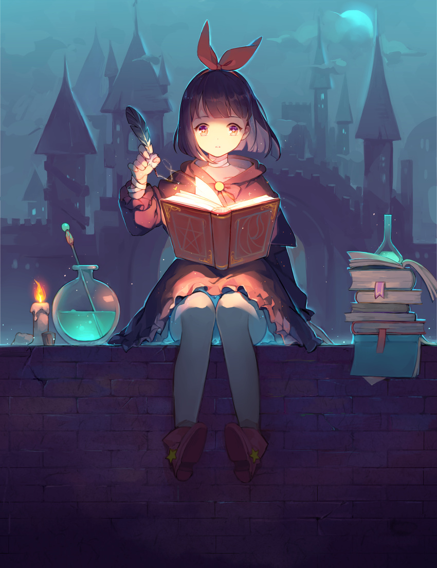 +_+, 1girl, absurdres, arm_at_side, black_hair, book, book_stack, boots, brick_wall, candle, capelet, castle, clouds, collarbone, erlenmeyer_flask, fire, full_body, full_moon, glowing, hair_ribbon, highres, holding, knees_together_feet_apart, light_particles, long_sleeves, moon, night, open_book, original, outdoors, parted_lips, quill, red_ribbon, ribbon, round-bottom_flask, shell_(wwwtrista), sitting, skirt, sky, solo, sparkle, star, wind, witch