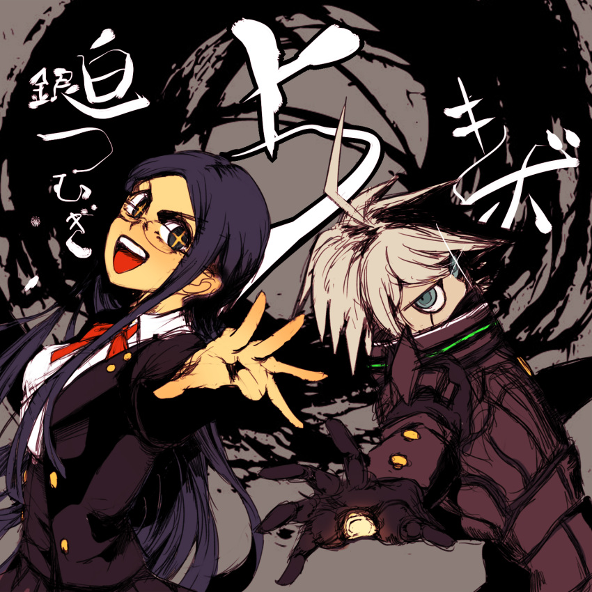 +_+, 1boy, 1girl, ahoge, android, blazer, blue_eyes, blue_hair