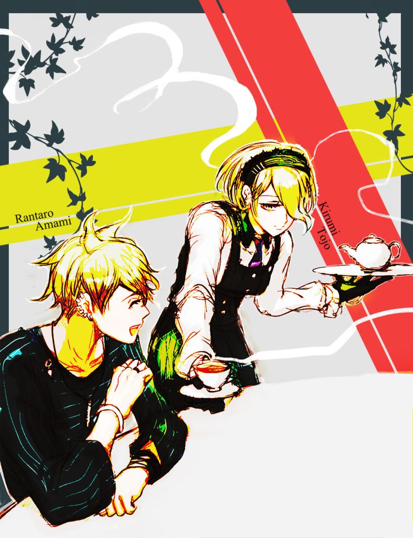 1boy, 1girl, amami_rantarou, black_gloves, blue_shirt, character_name, closed_eyes, countdown
