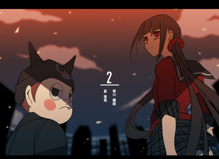 1boy, 1girl, bangs, black_eyes, black_hair, black_hat, blunt_bangs, blush_stickers, brown_hair, cat_hat, character_name, cigarette, countdown, cowboy_shot, dangan_ronpa, embers, from_below, glowing, half-closed_eyes, harukawa_maki, hat, height_difference, highres, hoshi_ryouma, jacket, leather, leather_jacket, letterboxed, long_hair, looking_back, low_twintails, mole, mole_under_eye, mouth_hold, new_dangan_ronpa_v3, night, number, plaid, plaid_skirt, red_eyes, remireiha, school_uniform, scrunchie, serafuku, short_hair, skirt, skyline, sleeves_rolled_up, twintails