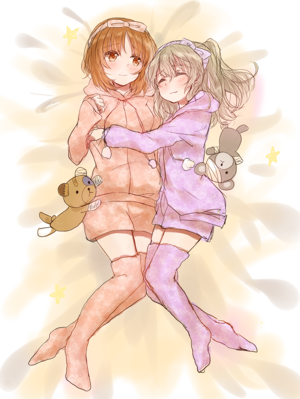 2girls, bandage, bear_ears, bear_girl, bed, blush, boko, boko_(girls_und_panzer)