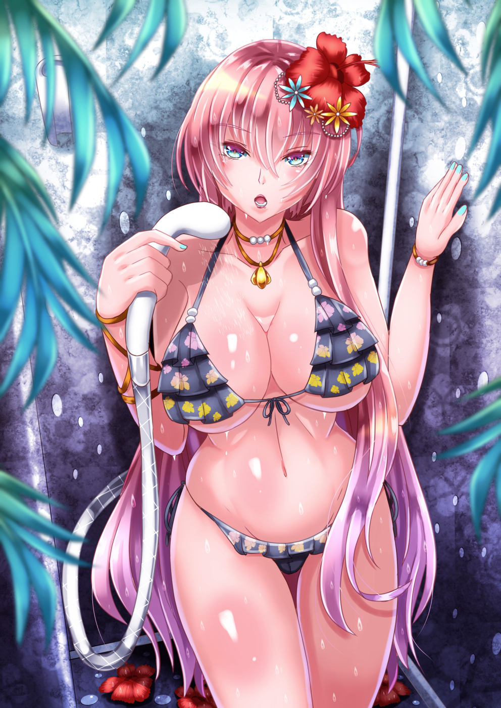 1girl, :o, bikini, black_bikini, blue_eyes, blush, breasts, cleavage
