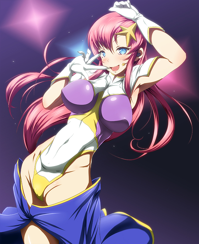 1girl, armpits, blue_eyes, breasts, danpu, gloves, gundam, gundam_seed