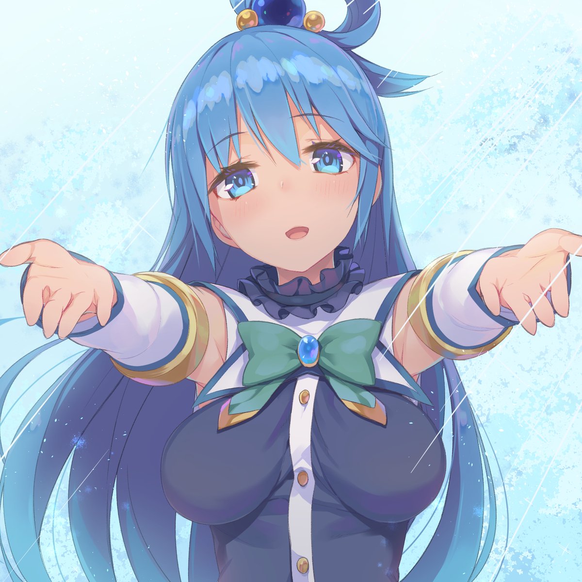 1girl, aqua_(konosuba), bare_shoulders, blue_eyes, blue_hair, detached_sleeves, hair_ornament, highres