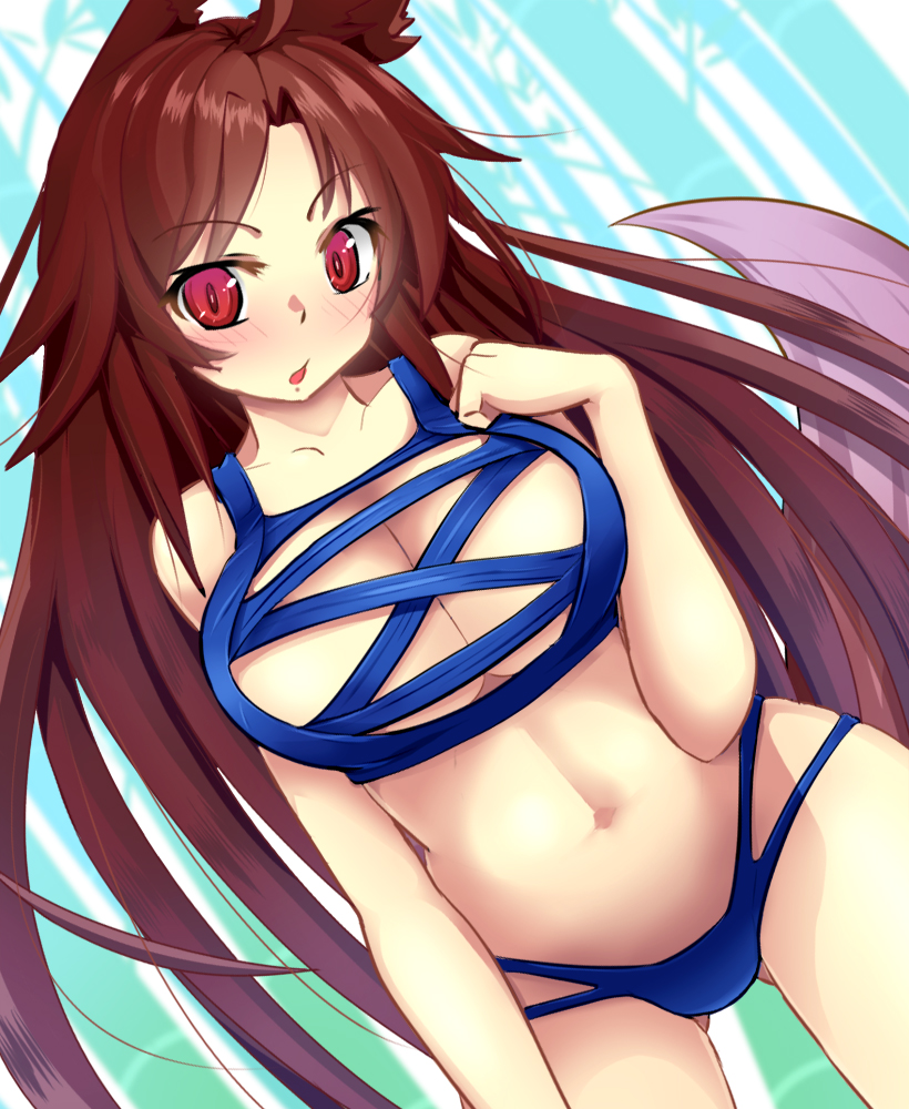 1girl, animal_ears, bamboo, bamboo_forest, blush, breasts, brown_hair, cleavage, collarbone, cra4, forest, imaizumi_kagerou, large_breasts, long_hair, looking_at_viewer, nature, navel, open_mouth, red_eyes, solo, swimsuit, tail, touhou, wolf_ears, wolf_tail