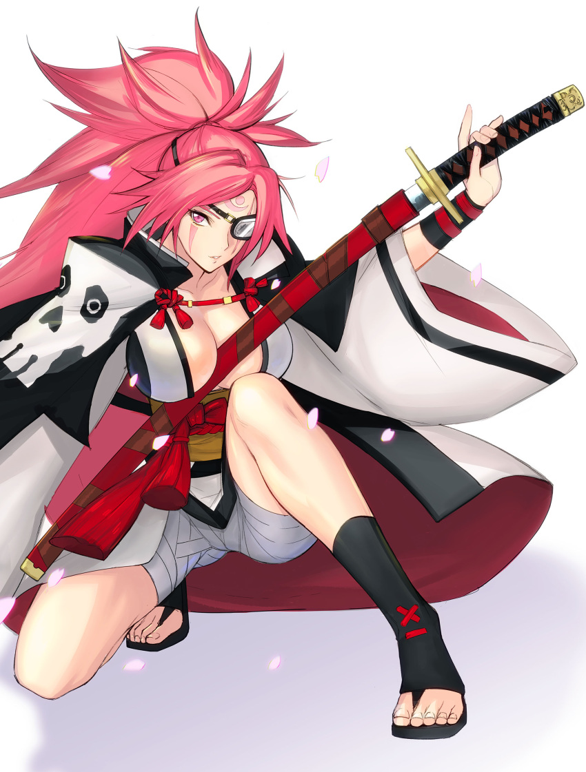 1girl, absurdres, amputee, baiken, boots, breasts, cleavage, eye_scar