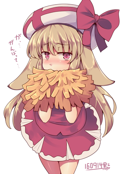 1girl, animal_ears, brown_hair, cheerleader, harumiya_ria, hat, kuromiya, long_hair, looking_at_viewer, original, rabbit_ears, red_eyes, simple_background, solo