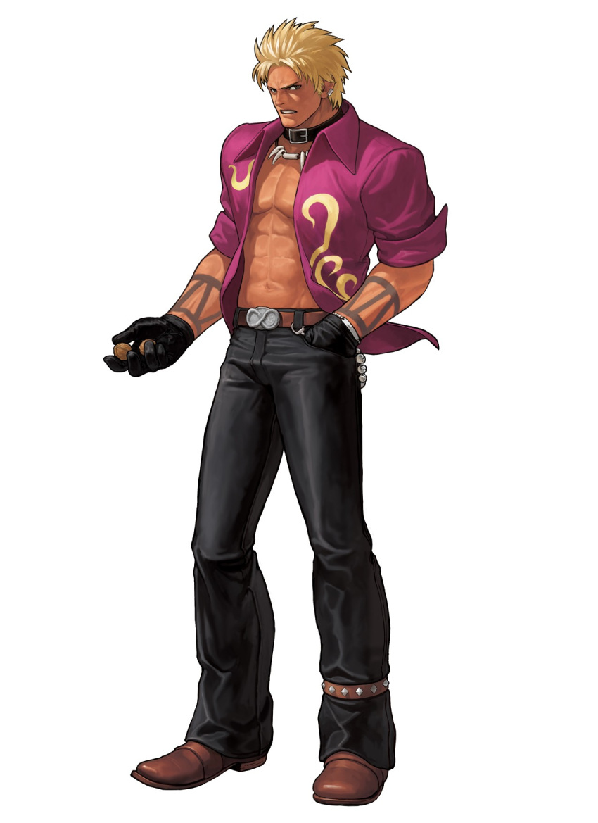 1boy, abs, belt, black_gloves, blonde_hair, boots, bracelet, brown_footwear