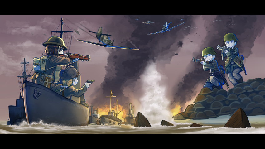 4girls, aiming, aircraft, airplane, ammunition_pouch, backpack, bag, battle
