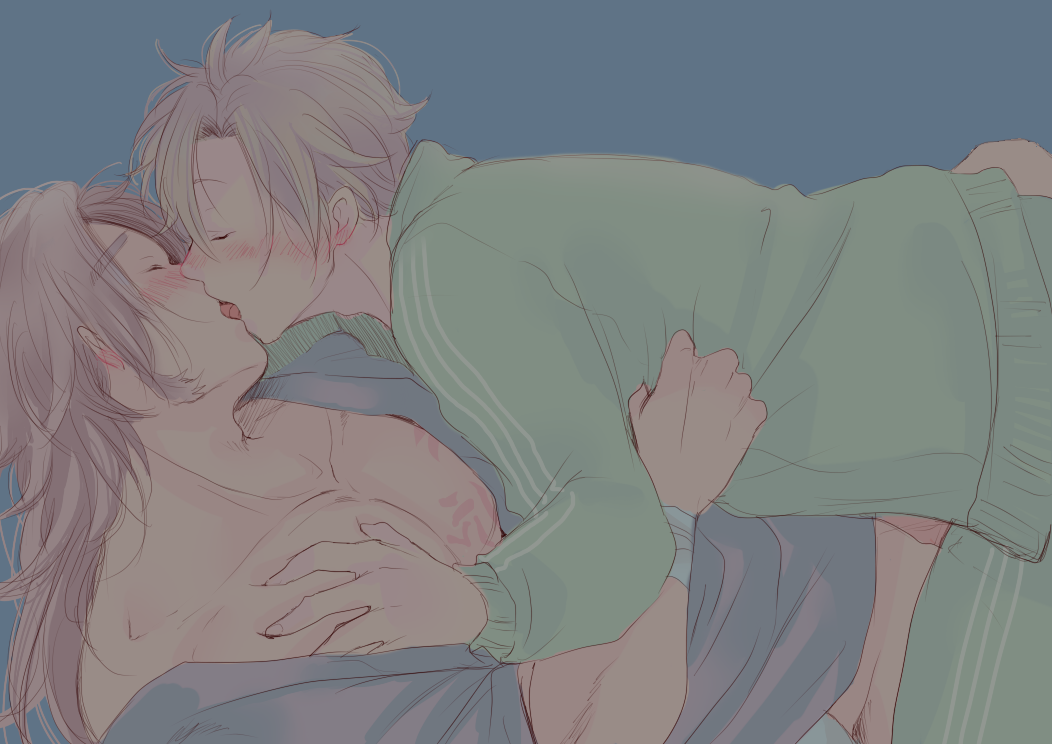 2boys, ayako_(nekomomo), blush, brown_hair, closed_eyes, french_kiss, groping, hair_down