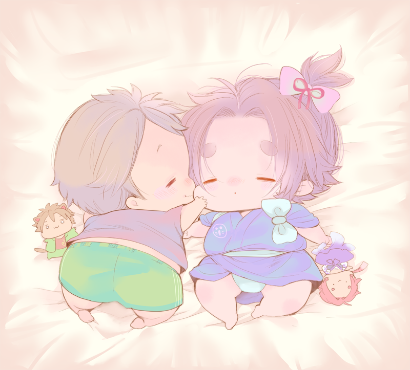2boys, =_=, ayako_(nekomomo), baby, bow, brown_hair, character_doll, closed_eyes