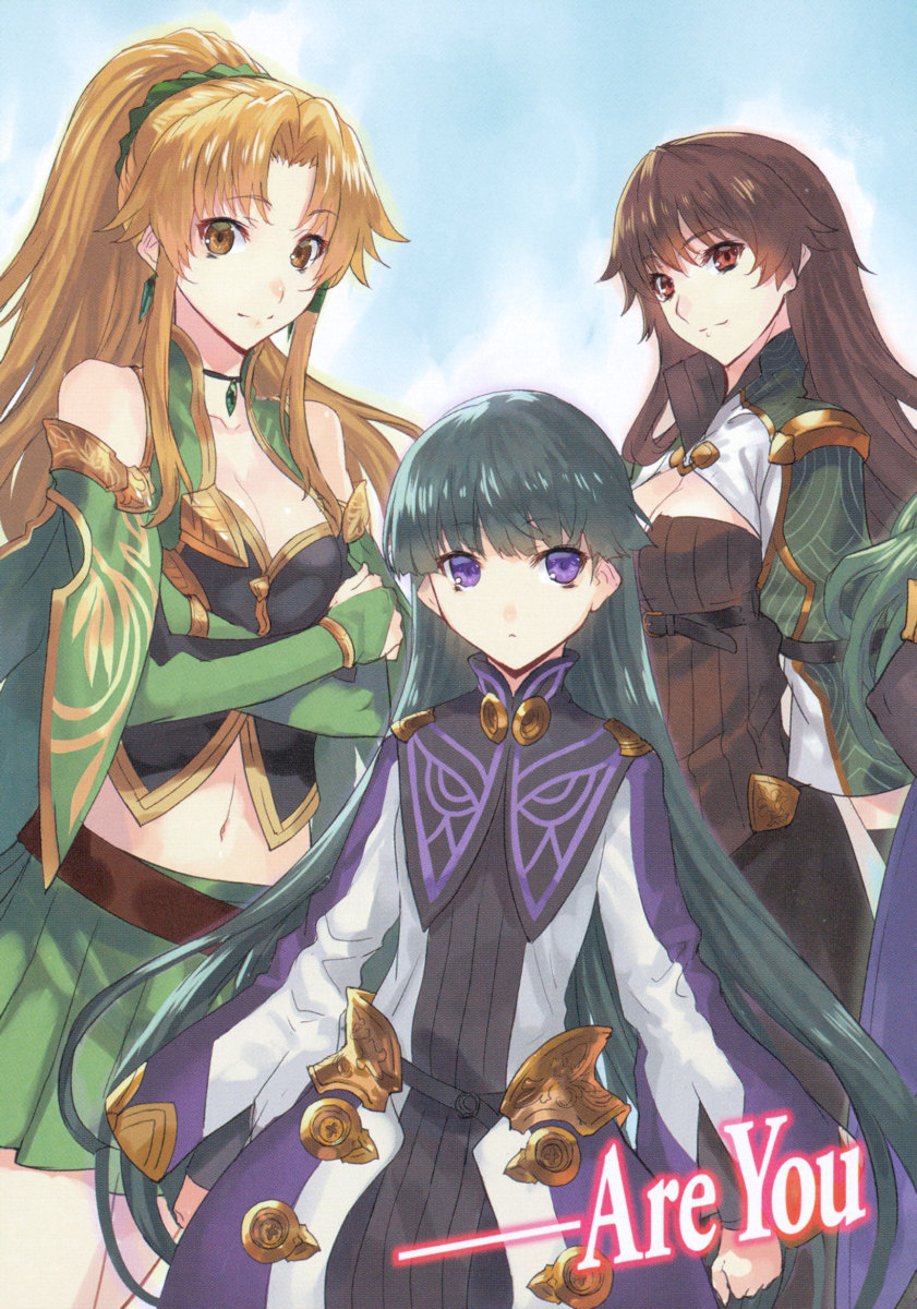 3girls, belt, black_hair, bracelet, breasts, bridal_gauntlets, brown_eyes, brown_hair