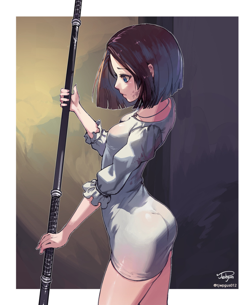 1girl, artist_name, ass, black_hair, blue_dress, blue_eyes, breasts, closed_mouth