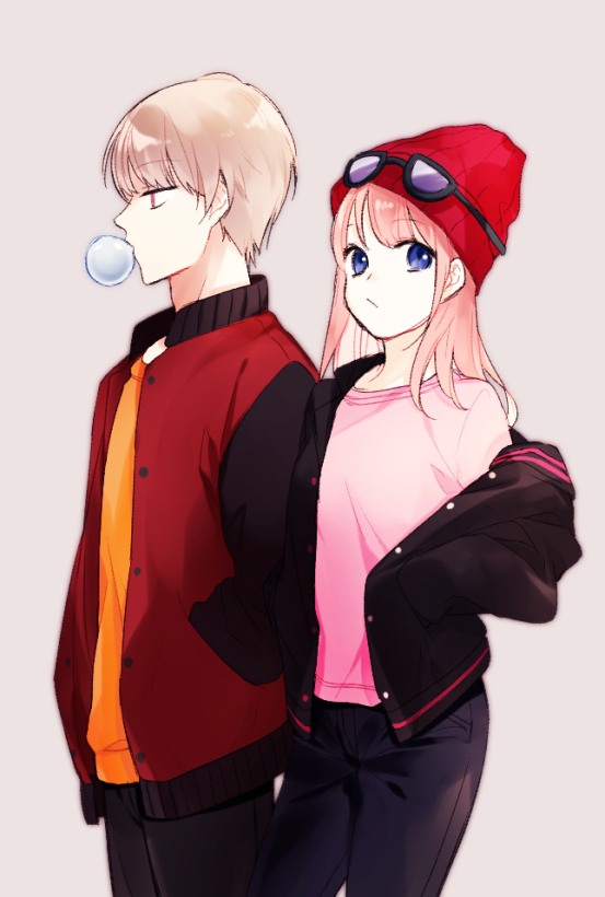 1boy, 1girl, alternate_hairstyle, bangs, beanie, black_jacket, black_pants, blue_eyes