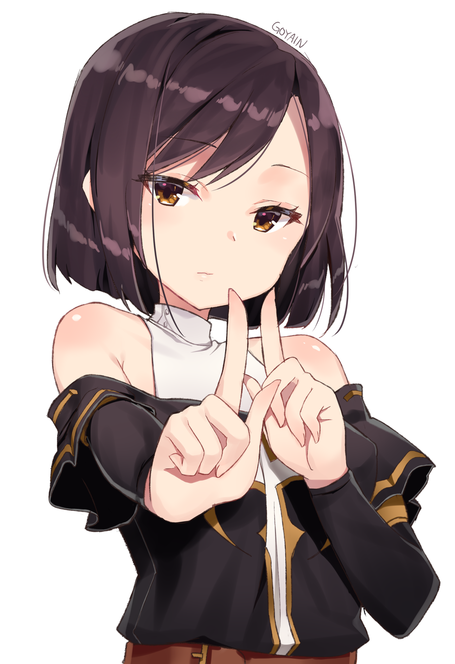 1girl, artist_name, bangs, bare_shoulders, belt, black_dress, black_hair, brown_eyes, closed_mouth, collarbone, dress, dungeon_and_fighter, eyebrows_visible_through_hair, eyelashes, female_priest_(dungeon_and_fighter), head_tilt, highres, index_finger_raised, jewriel, koi_dance, long_sleeves, looking_at_viewer, mistress_(dungeon_and_fighter), off_shoulder, outstretched_arm, short_hair, simple_background, solo, swept_bangs, upper_body, white_background