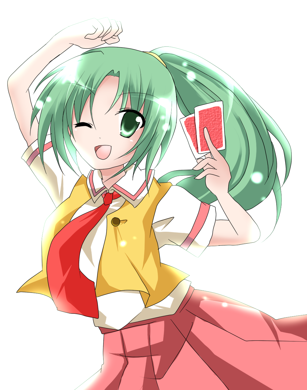 card, cards, green_eyes, green_hair, highres, higurashi_no_naku_koro_ni, holding, holding_card