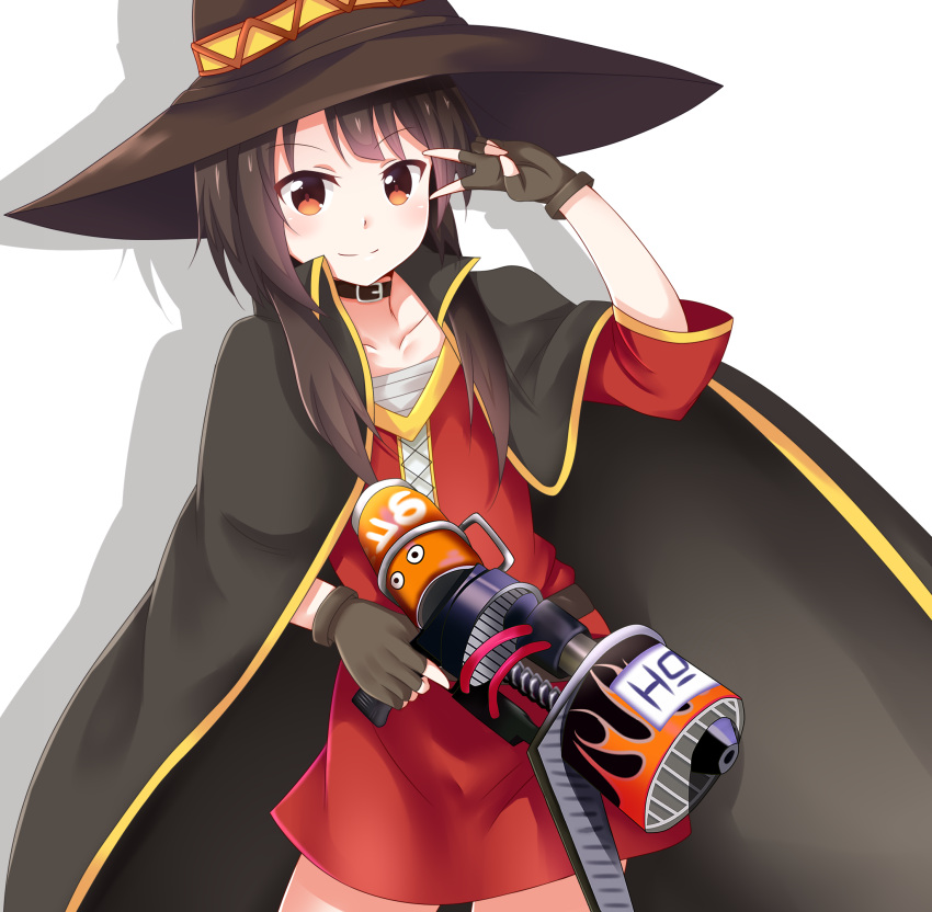 1girl, black_gloves, black_hair, blaster_(splatoon), cape, collar, collarbone, dress, fingerless_gloves, gloves, hat, highres, kono_subarashii_sekai_ni_shukufuku_wo!, looking_at_viewer, megumin, nerf_gun, red_dress, red_eyes, seno_(nanrandesu), short_hair, smile, solo, splatoon, v_over_eye, witch_hat