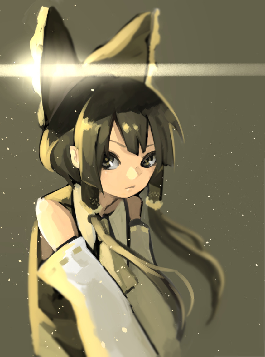 1girl, ascot, backlighting, bangs, blunt_bangs, blurry, bow, detached_sleeves