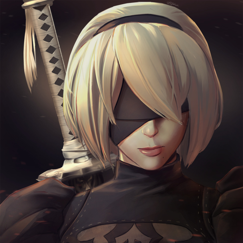 1girl, black_dress, black_hairband, blindfold, covered_eyes, dress, eufrik, hair_over_one_eye