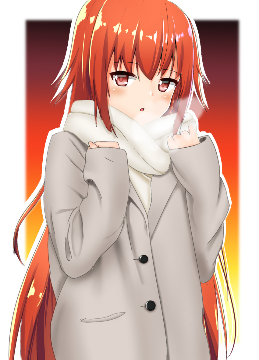 1girl, :o, aburakatamari, aka_no_ripika, beatmania, beatmania_iidx, breath, coat, highres, long_hair, looking_at_viewer, red_eyes, redhead, scarf, sleeves_past_wrists, solo, very_long_hair, winter_clothes