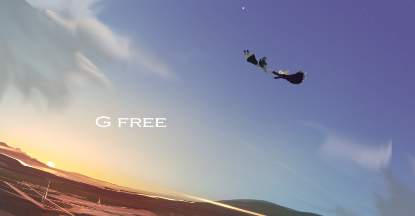2girls, black_hat, black_shoes, black_skirt, blonde_hair, blue_sky, brown_hair, capelet, clouds, dress, english, falling, fedora, freefall, friends, hand_holding, hat, hat_removed, headwear_removed, highres, hill, horizon, lake, long_sleeves, looking_at_another, maribel_hearn, mob_cap, mountain, multiple_girls, nakano_elsa, purple_dress, reflection, road, scenery, shirt, shoes, short_hair, skirt, sky, star_(sky), sun, sunset, touhou, tower, twilight, usami_renko, water, white_legwear, white_shirt, white_shoes, yellow_sky