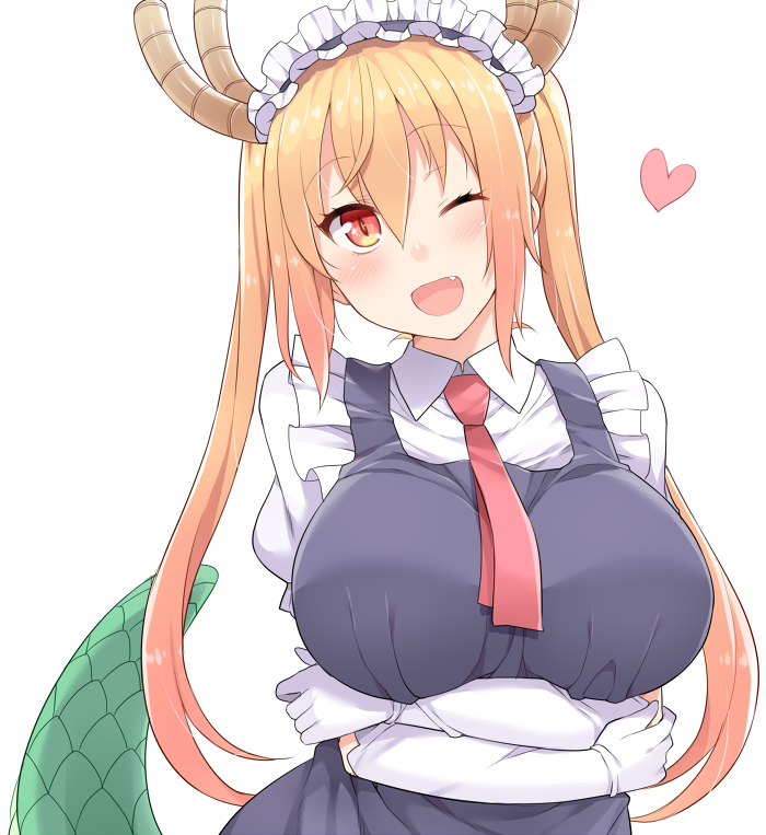 1girl, ;d, bangs, blush, breast_hold, breasts, dragon_girl, dragon_horns