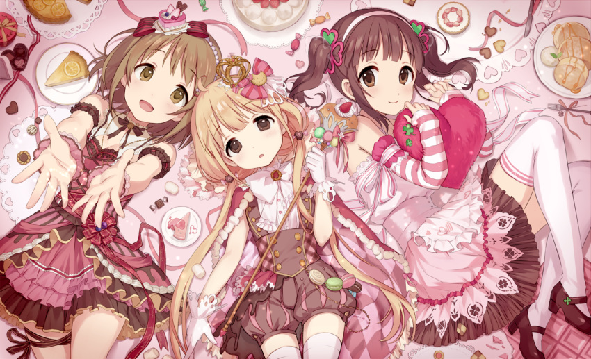 3girls, blonde_hair, blush, brown_eyes, brown_hair, cake, candy_island, crown, dress, food, futaba_anzu, heart, idolmaster, idolmaster_cinderella_girls, long_hair, mimura_kanako, multiple_girls, ogata_chieri, open_mouth, outstretched_arms, ribbon, short_hair, smile, striped, tamaext, thigh-highs, twintails, white_legwear