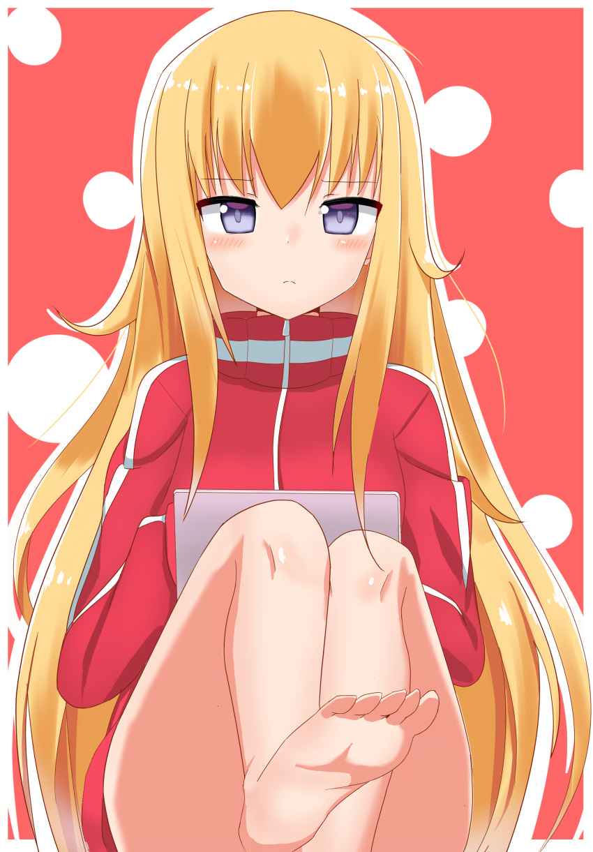 1girl, absurdres, aburakatamari, barefoot, blonde_hair, blue_eyes, computer, feet