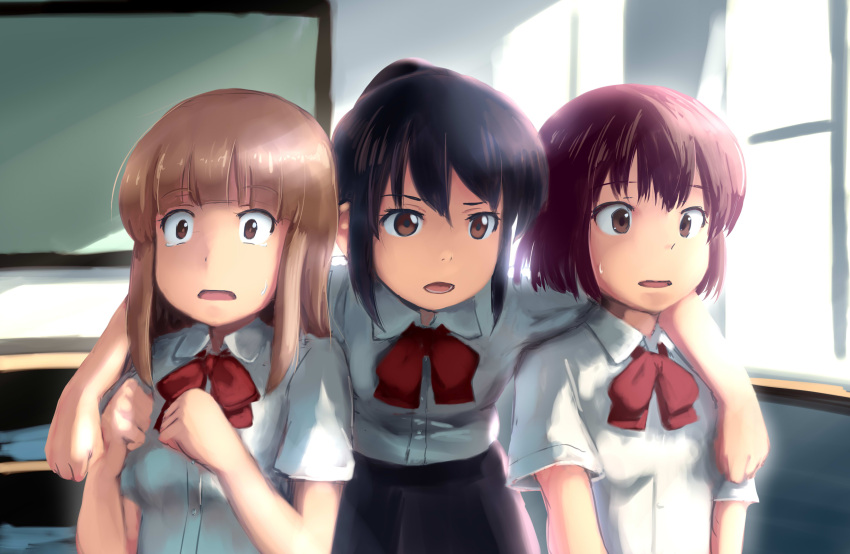3girls, absurdres, arm_around_shoulder, black_hair, brown_eyes, brown_hair, classroom, commentary_request