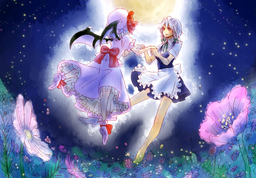 blue_hair, flower, hairband, hat, holding_hands, izayoi_sakuya, maid, moon, night, remilia_scarlet, ribbon, sada_noriko, short_hair, silver_hair, sky, sunata, touhou, wings