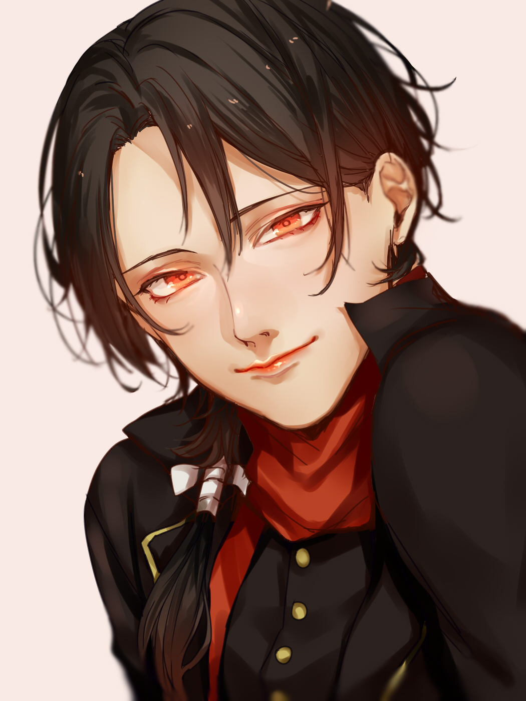 1boy, bangs, black_hair, blurry, buttons, chiyome_(wavelove), closed_mouth, depth_of_field, eyelashes, head_tilt, highres, kashuu_kiyomitsu, long_hair, looking_at_viewer, low_ponytail, male_focus, no_mole, ponytail, red_eyes, red_lips, red_scarf, scarf, simple_background, sketch, solo, touken_ranbu, upper_body