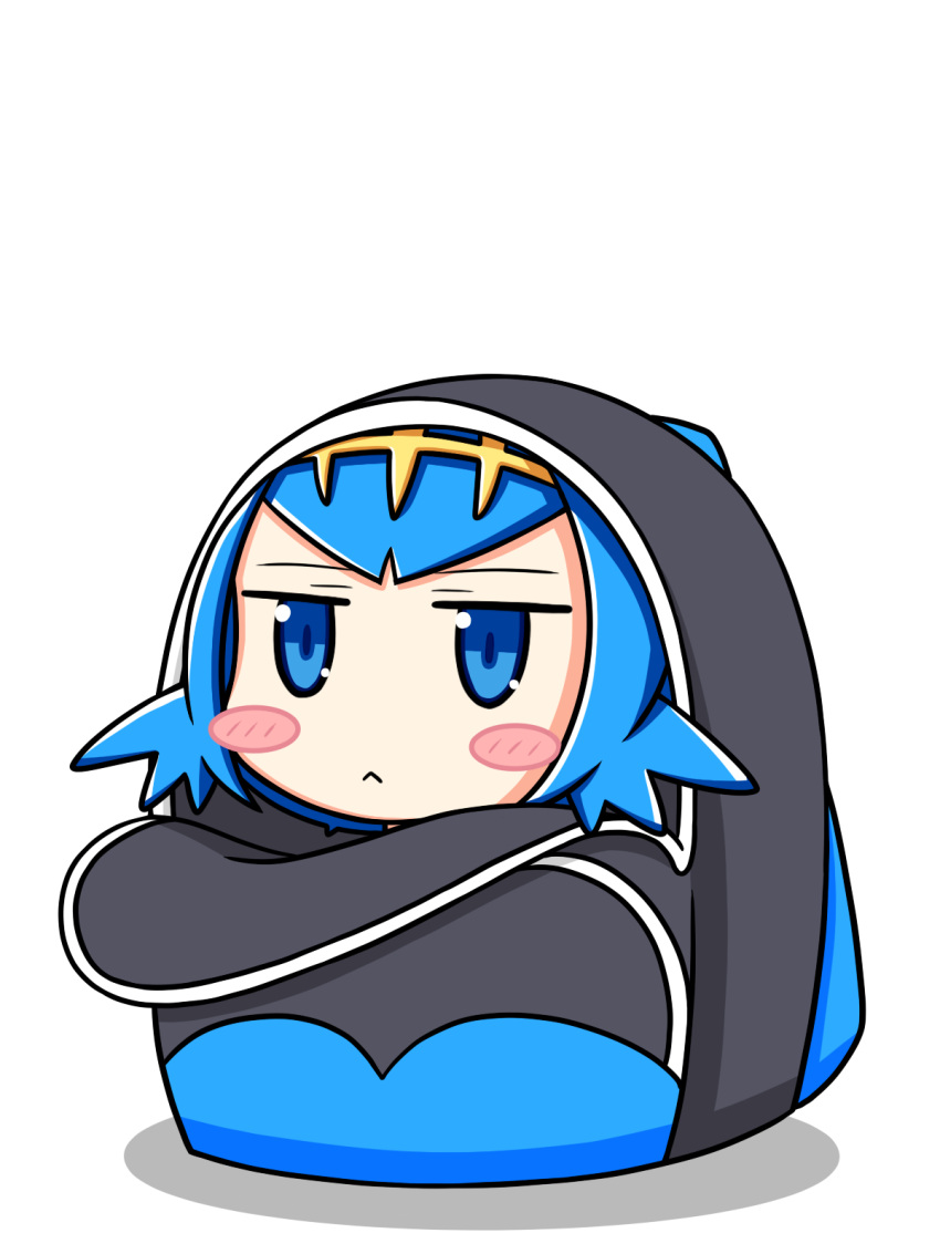 1girl, :<, backpack, bag, bangs, blue_eyes, blue_hair, blush_stickers, chagama_(tyagama0927), chibi, hairband, highres, in_bag, in_container, looking_at_viewer, open_bag, pokemon, pokemon_(game), pokemon_sm, shadow, short_hair, simple_background, solo, suiren_(pokemon), trial_captain, white_background